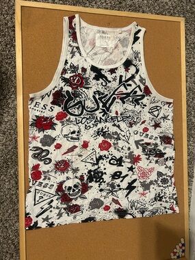 GUESS White Graphic Tank Top with Red & Black Print